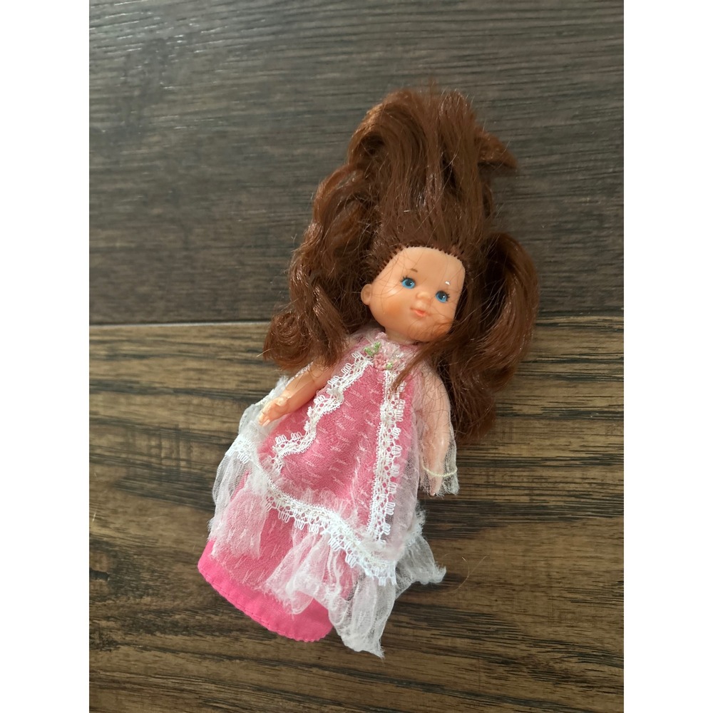 Vintage Mattel Miniature rosebud Doll 1976 Pink Lace Gown Auburn Hair Blue Eyes